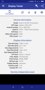 Informace o obrazovce z programu Display Tester