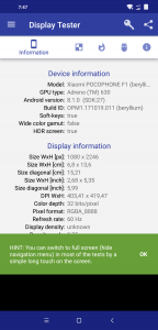 Informace z aplikace Display Tester