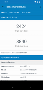 Výsledky Poco F1 v benchmarku GeekBench 4