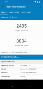Výsledky Poco F1 v benchmarku GeekBench 4
