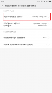 Lze nastavit limit, datum obnovení balíčku i stav