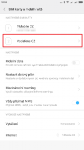V sekci Nastavení SIM karty otevřete příslušnou kartu