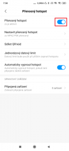 Aktivujte volbu Přenosný hotspot