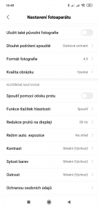 Nastavení fotoaparátu