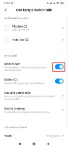 Aktivujte, nebo deaktivujte přepínač Mobilní data