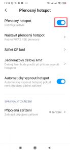 Chcete-li zapnout přenosný hotspot, aktivujte přepínač Přenosný hotspot