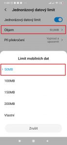 U položky Objem nastavte Limit mobilních dat.