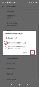 Vyberte SIM kartu, ze které chcete importovat