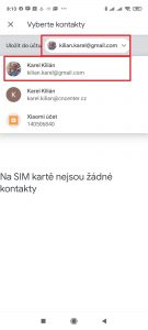Zvolte účet, do kterého budou kontakty uloženy