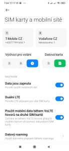 Sekce SIM karty a mobilní sítě