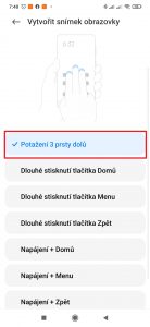 Doporučujeme zvolit možnost Potažení 3 prsty dolů