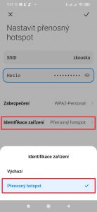Položku Identifikace zařízení ponechte na Přenosný hotspot