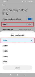 V poli Objem nastavte maximální objem dat