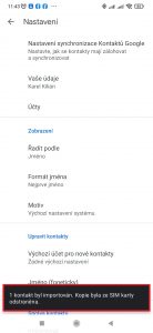 Aplikace informuje o importu kontaktů