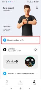 V sekci Profil klepněte na tlačítko Přenést z aplikace Mi Fit
