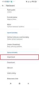 V sekci Správa kontaktů zvolte Importovat