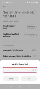 Zadejte Měsíční datový limit v GB