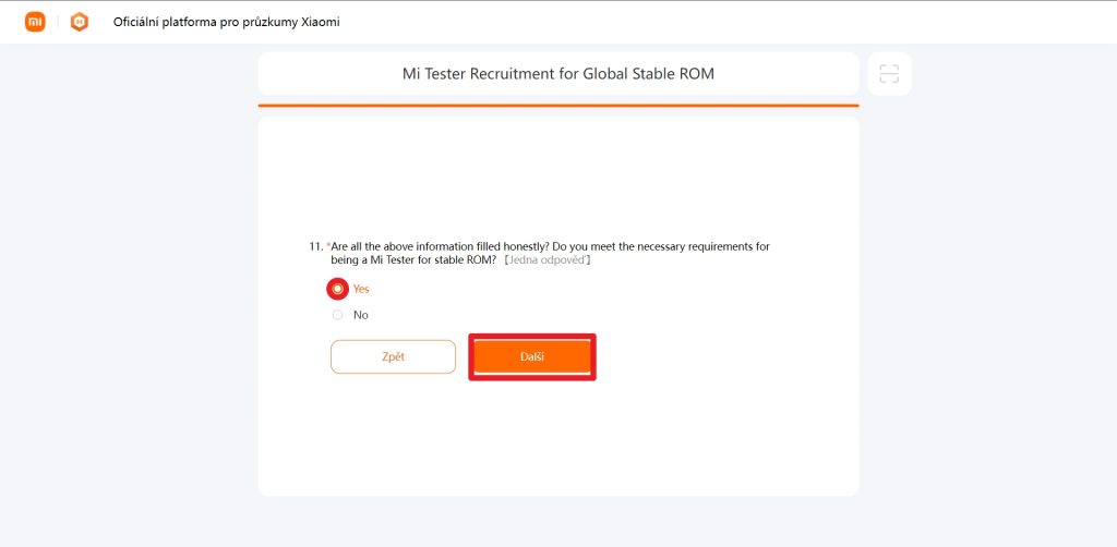 Odpovězte Yes a stiskněte tlačítko Další