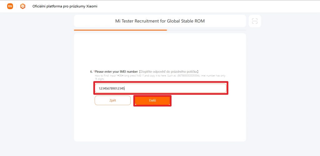 Opište do formuláře IMEI a stiskněte Další