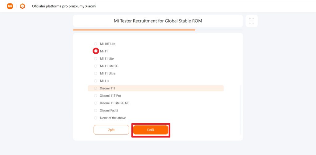 Vyberte z nabízených možností a klepněte na Další