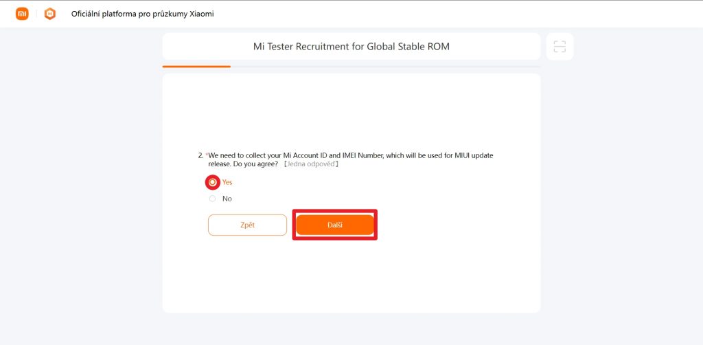 Zvolte jako odpověď Yes a pokračujte tlačítkem Další