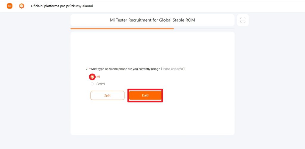 Zvolte typ telefonu Xiaomi a stiskněte Další
