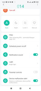Možnosti nastavení chytré čističky vzduchu Xiaomi