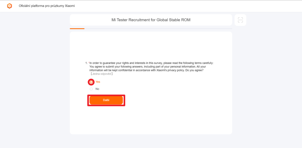 Odpovězte Yes a klepněte na Další