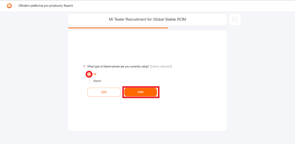 Odpovězte podle typu telefonu a stiskněte Další