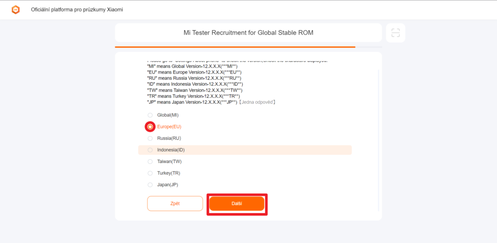 Vyberte distribuci svého telefonu a stiskněte Další