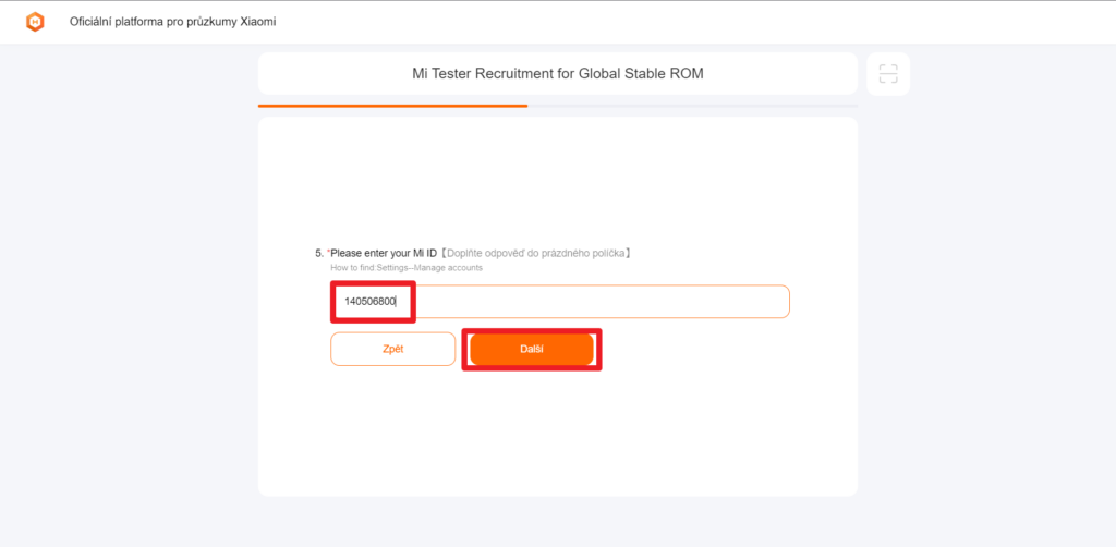 Zadejte číslo svého účtu Xiaomi a stiskněte Další