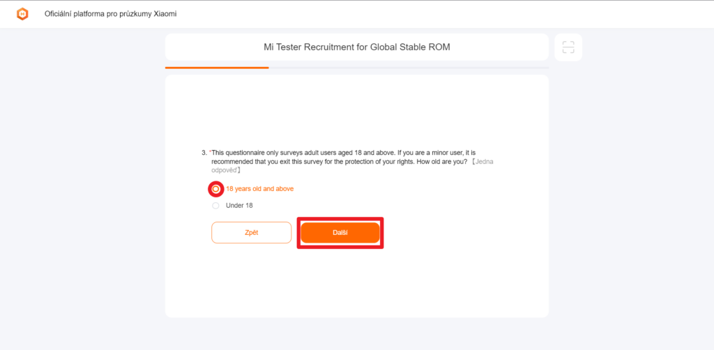 Zvolte možnost 18 years old and above a pokračujte tlačítkem Další