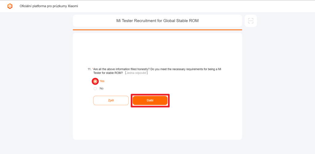Zvolte možnost Yes a klepněte na Další