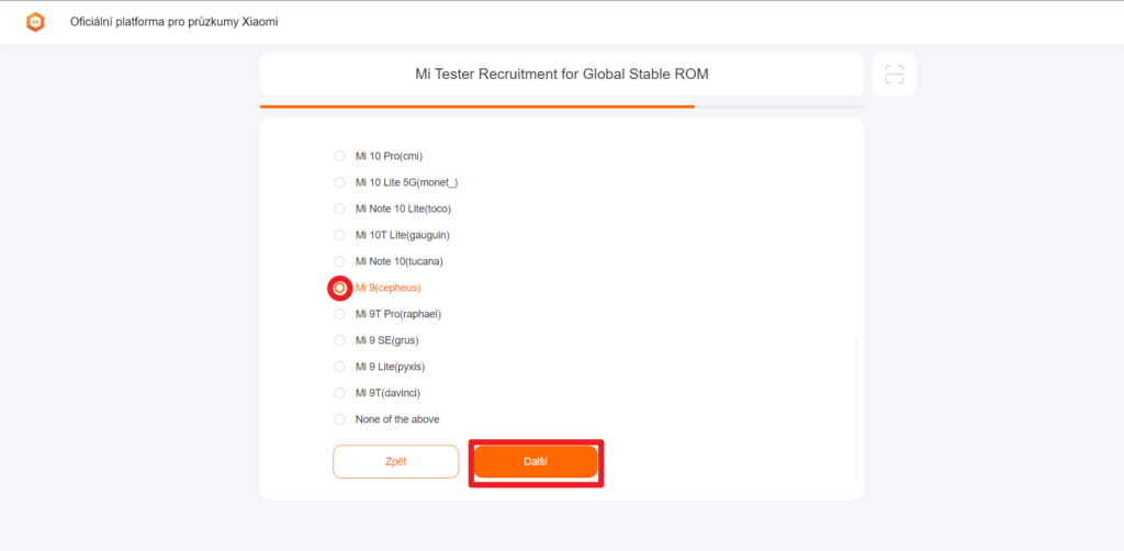 Zvolte typ svého telefonu a stiskněte Další