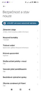 Sekce Bezpečnost a stav nouze