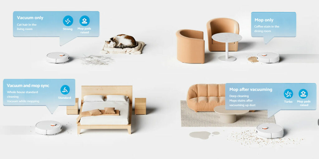 Různé režimy úklidu pro různé povrchy