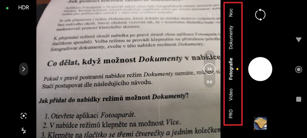 Nabídka pro volbu režimu fotoaparátu