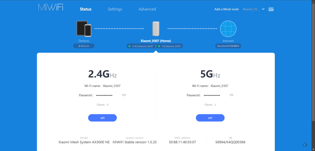 Informace na úvodní stránce webové administrace