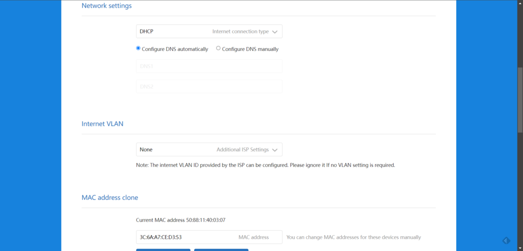Sekce Network settings