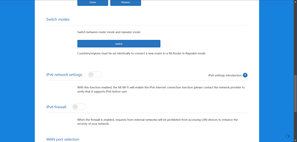 Sekce Network settings