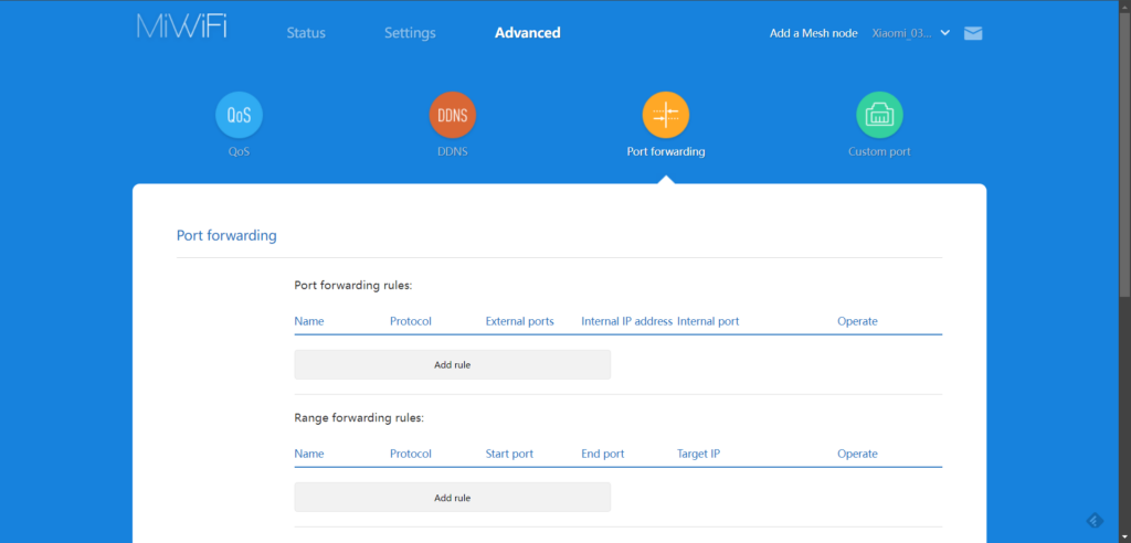 Sekce Port forwarding