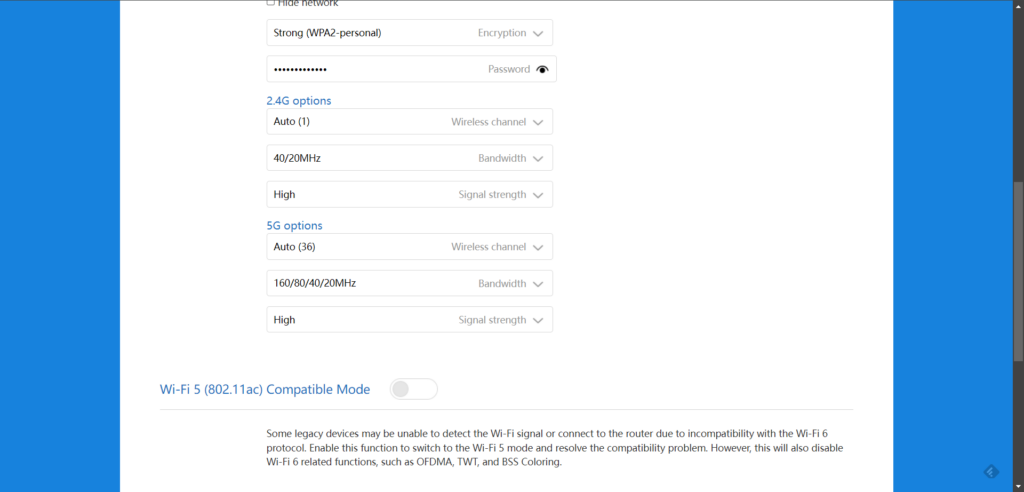 Sekce Wi-Fi settings