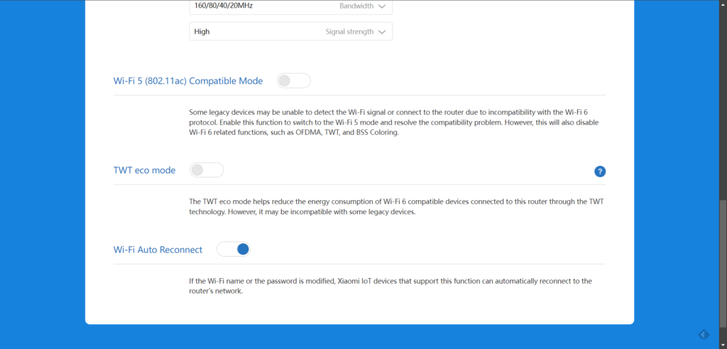 Sekce Wi-Fi settings