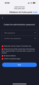 Zadání hesla administrátora