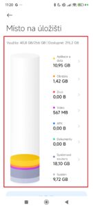 Informace o obsazení interního úložiště