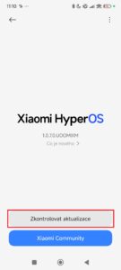 Tlačítko Zkontrolovat aktualizace