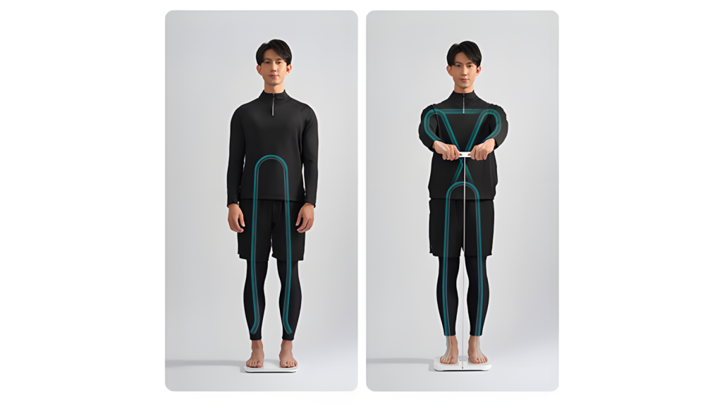 Měření probíhá pomocí dvoufrekvenční bioimpedanční analýzy