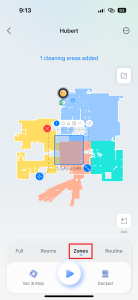 Možnost Zones pro úklid oblasti