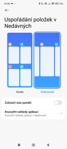 Vodorovné zobrazení seznamu posledních spuštěných aplikací