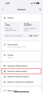 Sekce Nastavení úklidu podlahy